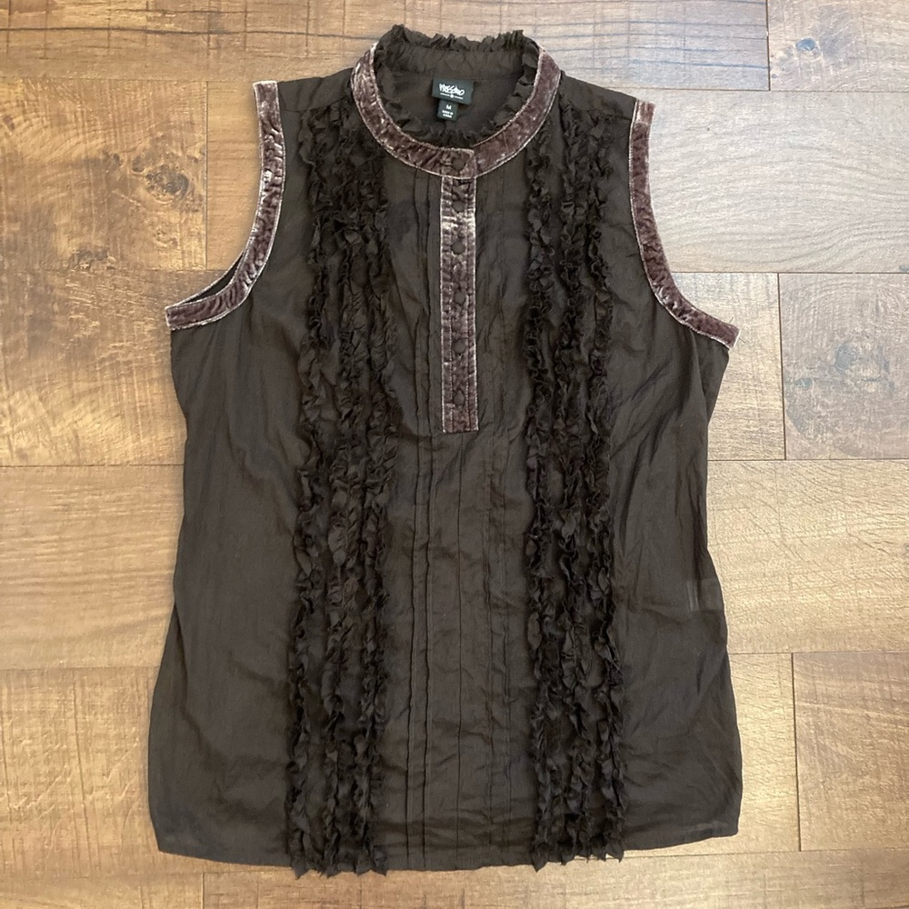 Massimo Chocolate Brown Boho Ruffled Henley Tank Semi Sheer Velvet Trim Women M